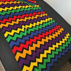 Handmade Rainbow Pride Zigzag Knit Crocheted Blanket Throw